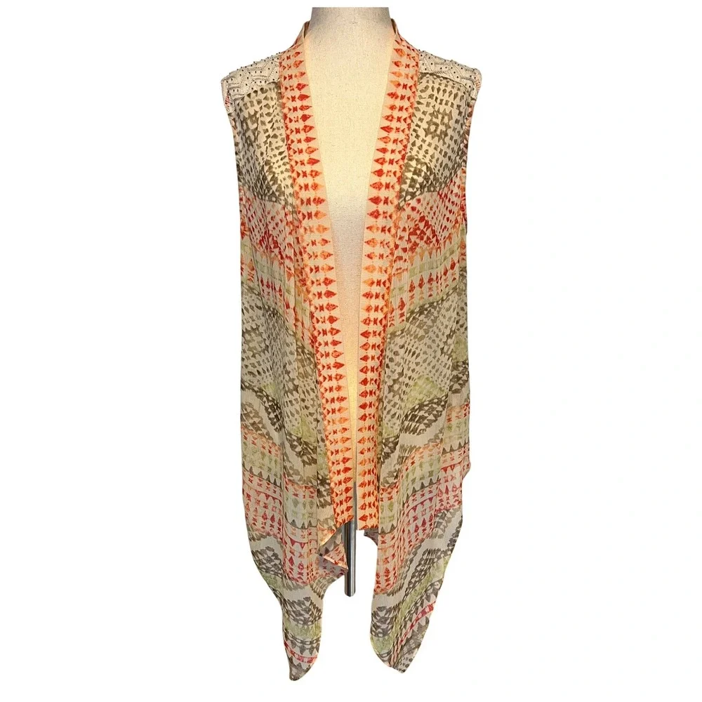 Chico's Size 1 Sheer‎ Kimono Orange Tan Tribal Beaded Crochet Lace Boho Topper